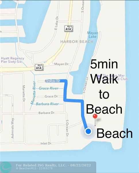 From house to closest beach (Fort Lauderdale Inlet). It is a 5 minute walk from the home. If you enter 2100 S Ocean Lane Fort Lauderdale into your map app, it will direct you to the public entrance to the beach to the left of the American Flag.