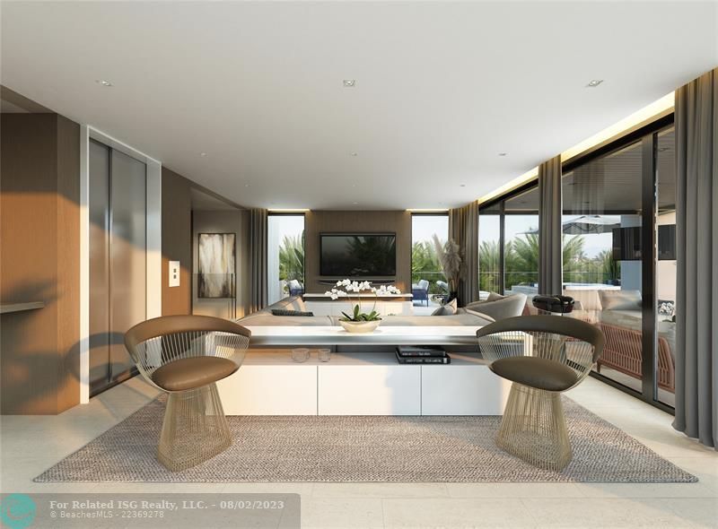Rendering of the third floor sky lounge. Access to the outside through glass doors.