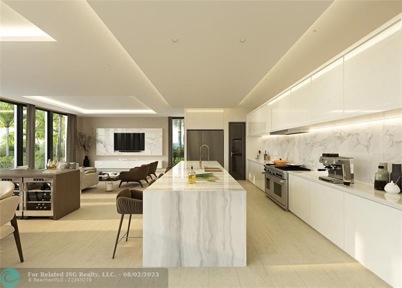 Rendering of the kitchen with kitchen island. Kitchen flows into the family room/dining area.