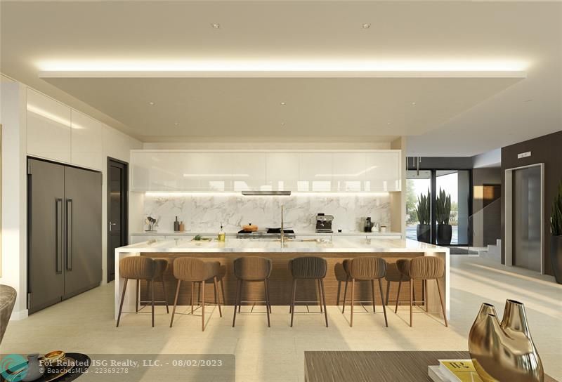 Rendering of the kitchen with island seating.