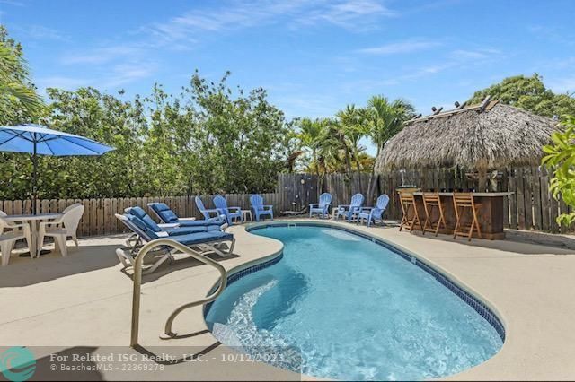 Pool area features ultimate privacy with custom tiki bar