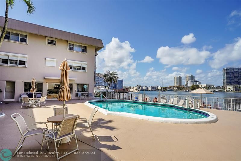 Pool with a patio area