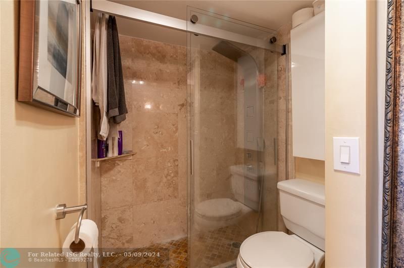 Shower, and medicine cabinet over toilet for more room by the sink.