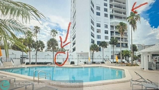 Red arrows show cabana #11 and condo unit #608