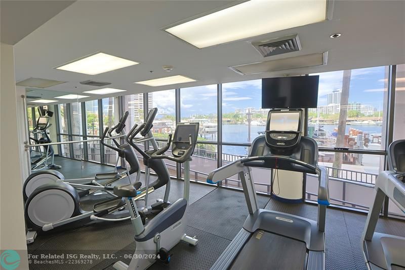 a workout room with a view