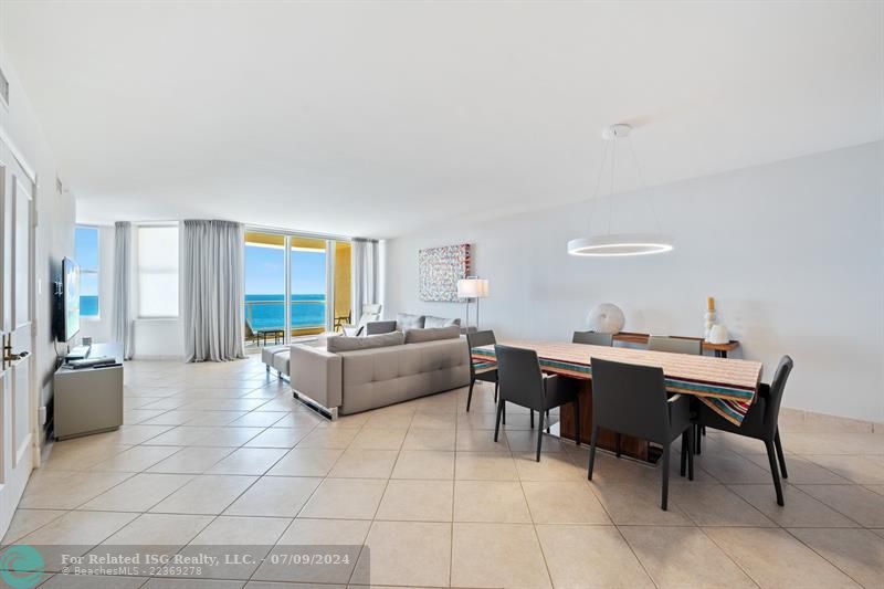 Spacious living and dining area with ocean views