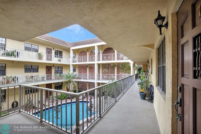 Catwalk overlooking pool area.