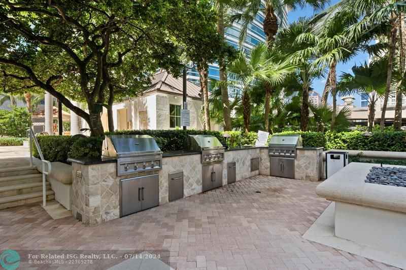 Barbecue grills on pool deck