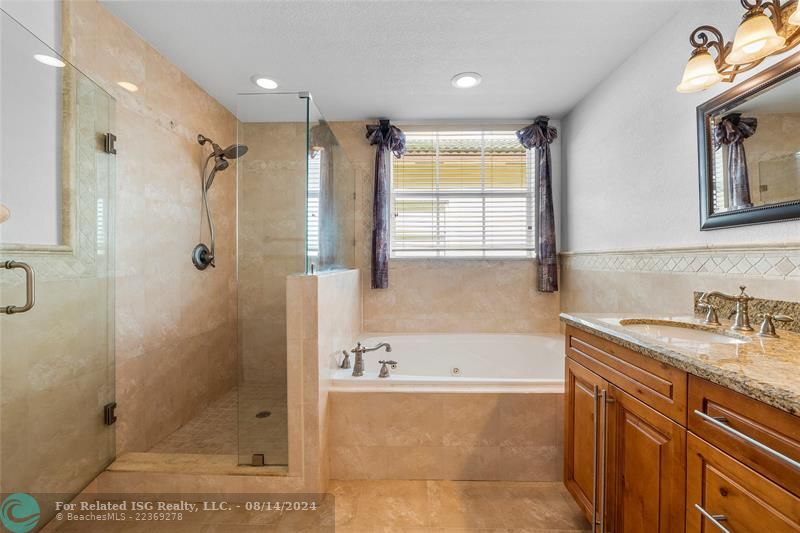 Large primary suite bathroom with dual sinks, shower and jacuzzi tub.