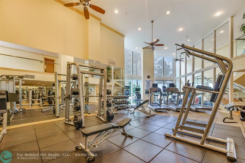 Fitness Center has locker rooms and saunas on the 2nd level