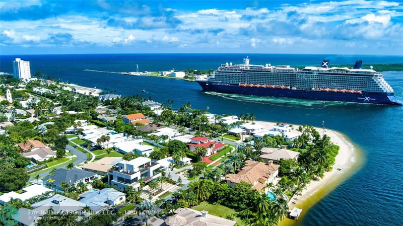 Aerial view looking Southeast as the Celebrity ship leaves Port Everglades and enters the Atlantic Ocean.