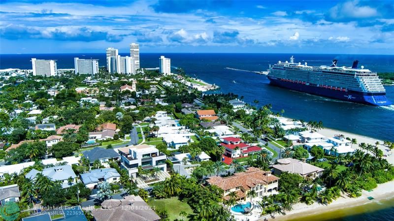 Aerial view looking Southeast as the Celebrity ship leaves Port Everglades and enters the Atlantic Ocean.