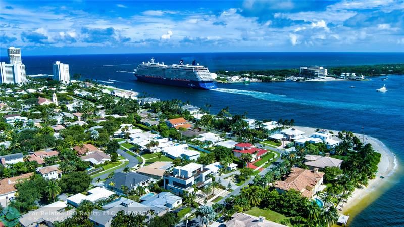 Aerial view looking Southeast as the Celebrity ship leaves Port Everglades and enters the Atlantic Ocean.