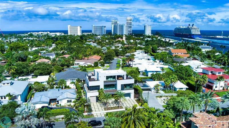 Aerial view looking Southeast as the Celebrity ship leaves Port Everglades and enters the Atlantic Ocean.