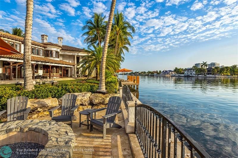 Outdoor Fireplace Surrounded by Water Views