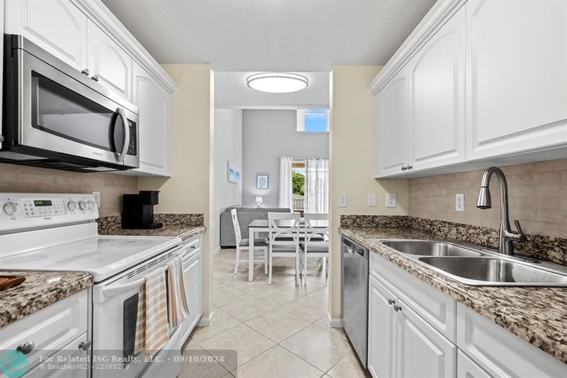 Kitchen with white cabinets and granite