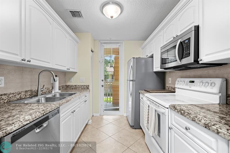 Kitchen with white cabinets and granite