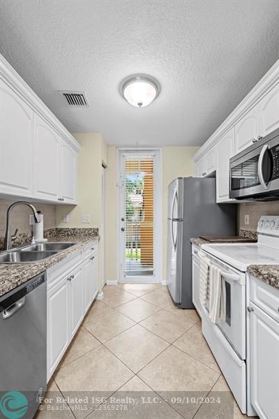 Kitchen with white cabinets and granite