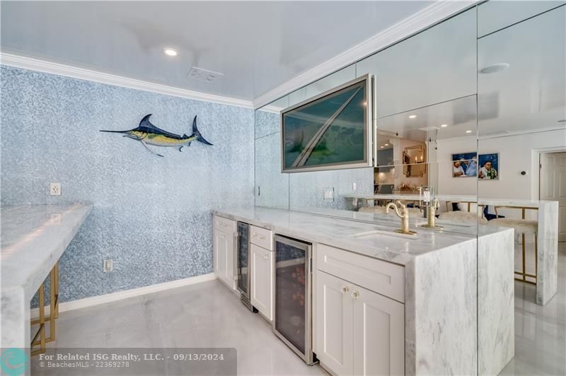 Wine cooler and tv in living area