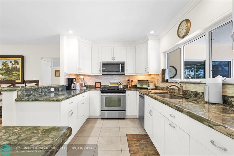 BEAUTIFUL KITCHEN WITH WHITE CABINETS & GRAY GRANITE