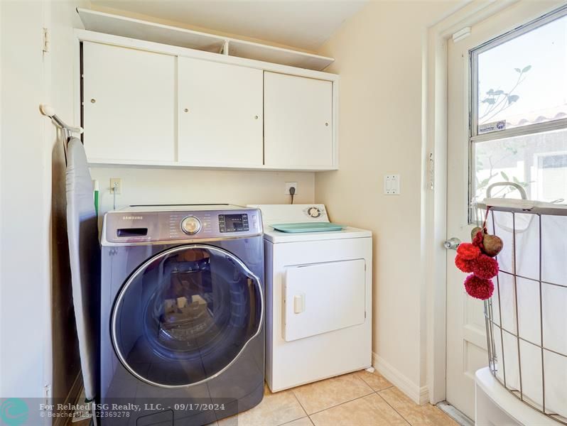 Extra cabinet space, door to the side yard.