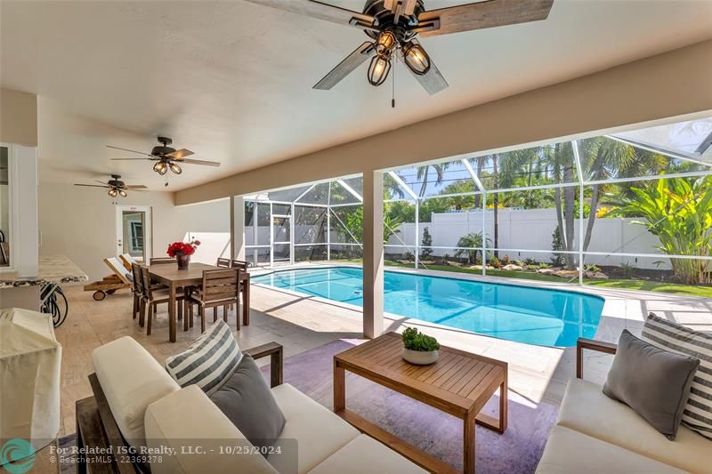 Here's a peek at the Freshly Travertined Patio and Marcited Pool, together with three new ceiling fans and new columns.