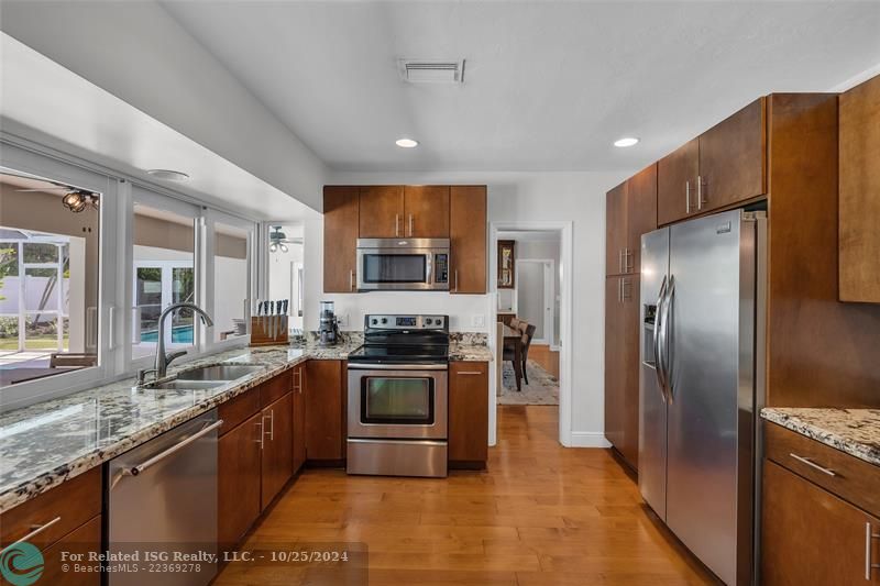 The cabinets are sleek and modern, the Granite is gorgeous and the windows slide open for seamless interaction between everybody!  It's so easy to serve from here!