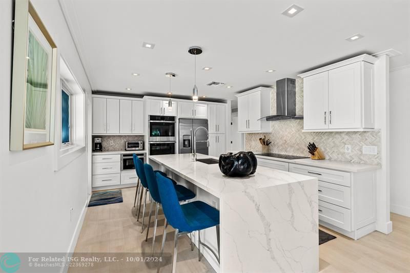 Island in kitchen with seating.