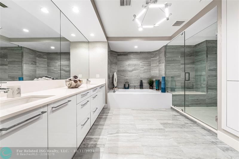 Huge double vanity with amazing storage + private toilet room