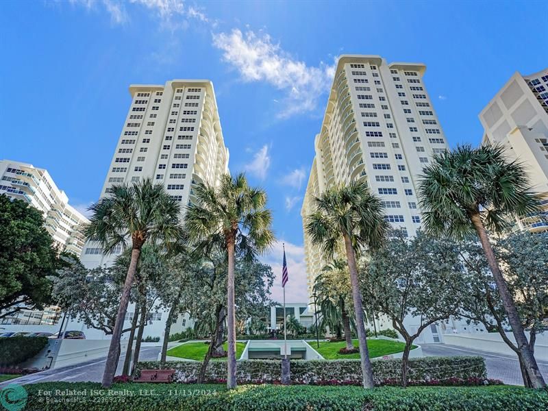 Southpoint: two 22 story luxury highrise towers (South tower on the right, North tower on the left), connected by the beautiful lobby. All apartments have washer and dryers in the units, under building/garage assigned parking, and a healthy fully funded reserve fund. Our tennis court is to the left of the north tower and our pool and pool deck is between the two towers.