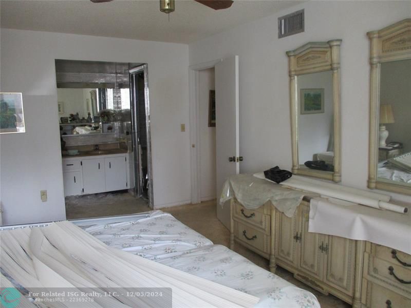 primary bedroom into main bathroom vanity area with a walkin closet