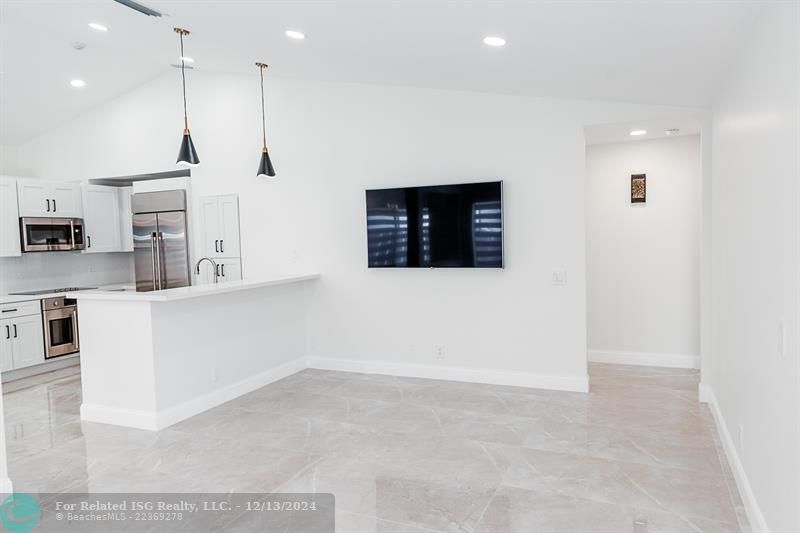 Family room view into kitchen