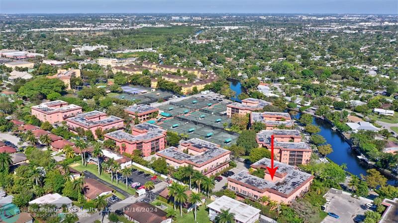 Aerial of entire Complex..Red Arrow shows location of McLoughlin Bldg