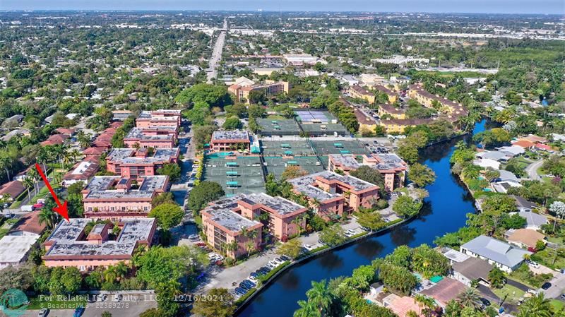 Aerial of entire Complex..Red Arrow shows location of McLoughlin Bldg