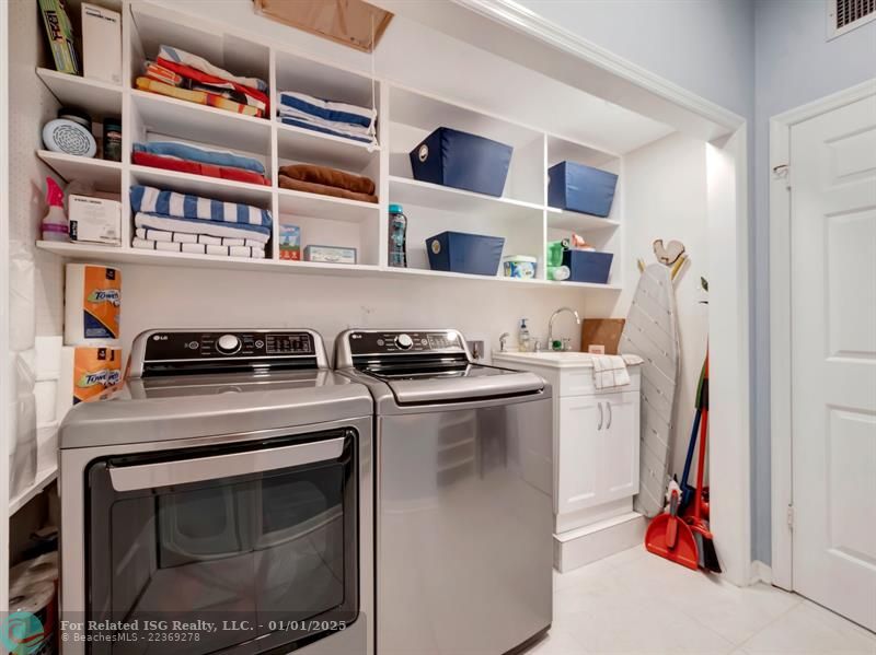 Laundry room with custom shelving ,cabinets and laundry chute too!