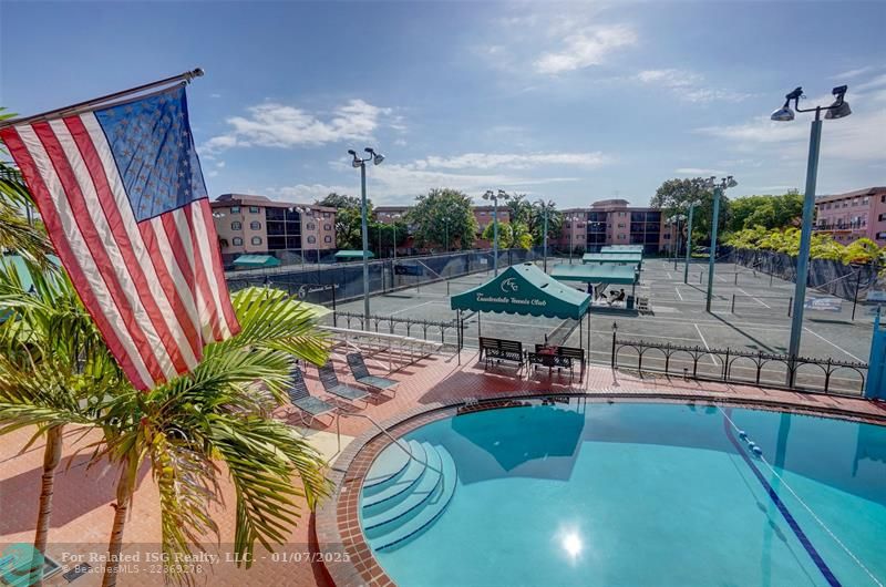 Great View from Upper Clubhouse of Tennis Courts, Pool & Patio