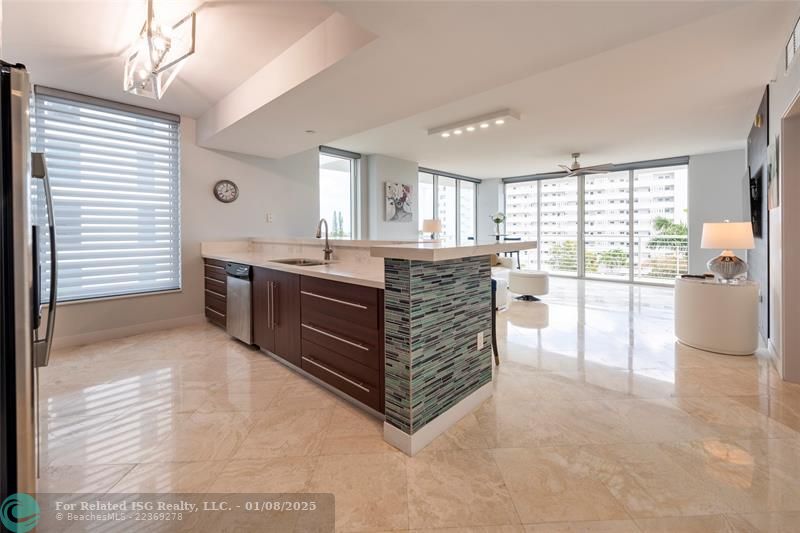 newer quartz countertops and lighting